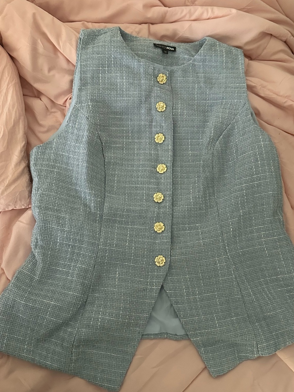 Fashion Nova Light Blue Tweed Sleeveless Vest with Gold Floral Buttons